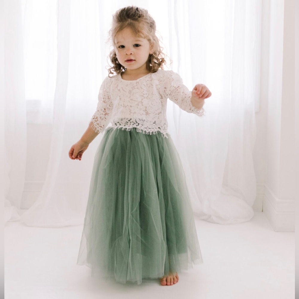 Sage Green Tulle Two Piece Tutu Skirt, White Lace Flower Girl Dress, Boho/Beach